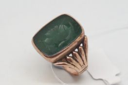 Green agate intaglio ring, rectangular cut stone with intaglio, rose gold mount, stamped and