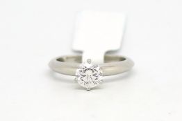 Tiffany & Co single stone diamond ring, round brilliant cut diamond weighing 0.82ct, six claw set in