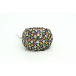 Gem set bombe ring, set with green, colourless, orange and purple stones, in 18ct white gold