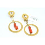 Coral drop earrings, three coral beads suspended within a graduating circle, suspended from