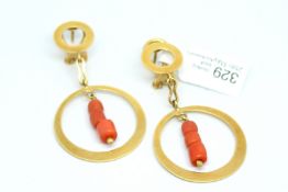 Coral drop earrings, three coral beads suspended within a graduating circle, suspended from