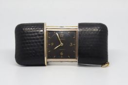 Movado Vintage Purse Watch, square black dial with Arabic numerals and baton hour markers, 46mm