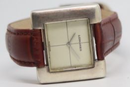 Gentlemen's Longines Silver 'Serge Manzon' Vintage Wristwatch, square white dial with quarter hair