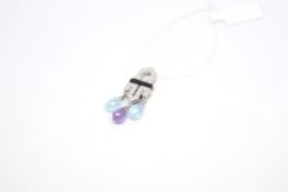 Art Deco style amethyst, topaz and diamond set pendant, three briolette cut amethyst and blue