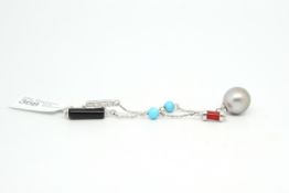 Coral, diamond, onyx and turquoise double drop pendant, mounted in white metal, 70mm drop