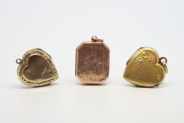 Three lockets, including two gold plated heart lockets and a ractangular 9ct yellow gold locket,
