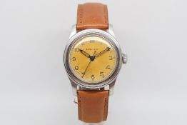 Gentlemen's stainless steel military Longines watch, circa 1940s, tan coloured dial, Arabic numbers,