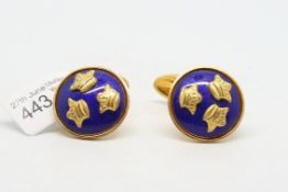 Pair of vintage enamel and gilt metal cufflinks, circular panels with a blue enamel and three gold