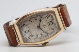 Gentlemen's Omega Russian 14ct Art Deco Wristwatch, round rectangular silver dial with Arabic