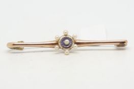 Pearl and enamel brooch, pearl cluster with blue and white enamel centre, rose gold safety pin style