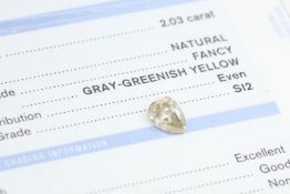 2.03ct Natural Fancy Grey-Greenish Yellow Diamond, pear cut, GIA certificate number 2141855257