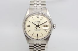 Gentlemen's Rolex Oyster Perpetual Date Just, circular white dial, baton hour markers, outer
