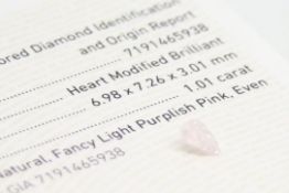 1.01ct Natural Fancy Light Purplish Pink Diamond, heart cut, GIA certificate number 7191465938