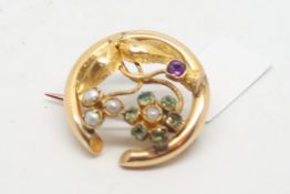 Antique multi gem floral brooch, set with Emeralds, pearls and amethyst, tested as 15ct, 23mm