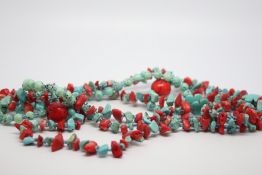 Red and green beaded multi-strand necklace