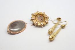 A Georgian yellow metal mourning brooch tested as 9ct, together with a pair of Victorian yellow