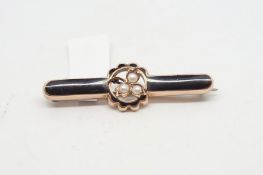 Victorian black enamel and pearl brooch, a clover of pearls with a black enamel border and bar, 44mm