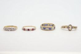 Four gem-set rings, including a five stone cubic zirconia ring, a citrine cluster ring, a sapphire