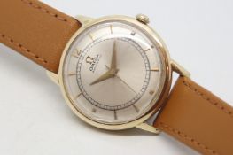 Gentlemen's Omega Automatic Vintage Wristwatch, circular silver brushed dial with gold baton hour