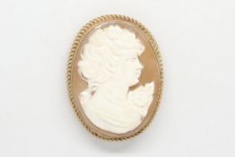 Cameo brooch, oval shell cameo depicting the profile of a lady, within a 9ct yellow gold rope design