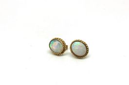 A pair of opal stud earrings, cabochon cut opals mounted in yellow metal with a rope edge border,