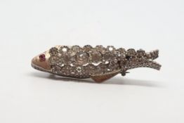 Antique paste set fish, white paste set body with red stone set eye, 45mm long, in white metal