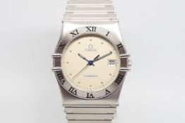 Unreserved - Omega Constellation, circular dial with dot hour markers, blue outer track and hands,