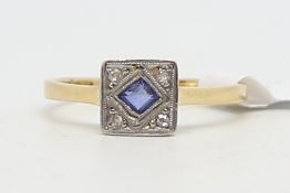 Art Deco sapphire and diamond ring, square cut sapphire set within a platinum square mount, with