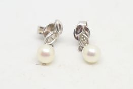 Pair of pearl and diamond drop earrings, set in 9ct white gold