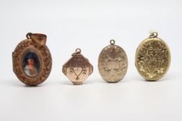 Four lockets, one with a painted portrait central panel, the other three with decorative engraved
