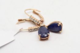 Sapphire and diamond drop earrings, pear cut sapphires, suspended from diamond set hoops, in rose