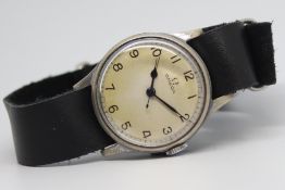 Gentlemen's Omega Military Navigators HS8 Crows Foot Wristwatch, circular light patina dial with