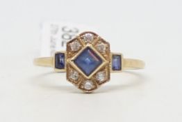 Sapphire and white stone ring, central sapphire set with white stone detail, with sapphire
