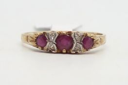 Ruby and diamond carved half hoop ring, in 9ct yellow gold, hallmarked London 1986, ring size R
