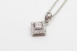 Contemporary princess cut diamond pendant necklace, central princess cut diamond, surrounded by