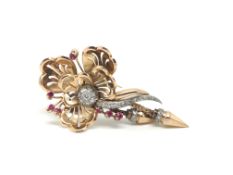 Ruby and diamond vintage spray brooch, diamond set flower with gold work petals, ruby set detail,