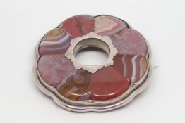 Scottish agate target brooch, red, brown and white agate, silver set, 51mm diameter