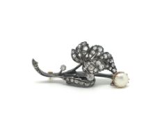 Victorian pearl and old cut diamond floral brooch, 8mm pearl claw set, old and rose cut diamond