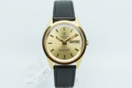 Gentlemen's Favre-Leuba 18k Harpoon Day Date Wristwatch, circular gold dial with baton hour