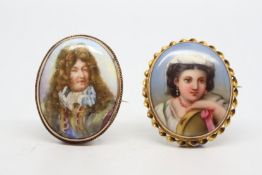 Two hand painted enamel miniature portrait brooches, both in yellow metal frames, tested as 9ct