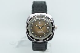 Vintage Yema Sous-marine automatic divers watch, circular tropic sunburst dial, block hour markers