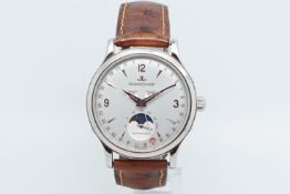 Rare Gentlemen's Jaeger LeCoultre Triple Date Moonphase Wristwatch, circular silver dial with dagger