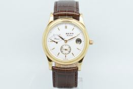 Gentlemen's Zeno De Luxe Gold Wristwatch, circular white dial with gold baton hour markers and outer