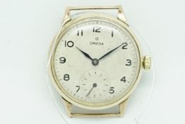 Gentlemen's Omega Gold Vintage Wristwatch, circular aged dial with subsidiary dial at 6 o'clock