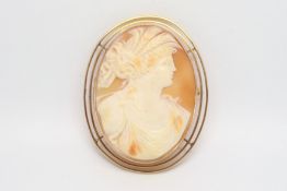 Victorian shell cameo brooch, 50x36mm cameo, double border frame, in yellow gold tested as 9ct,