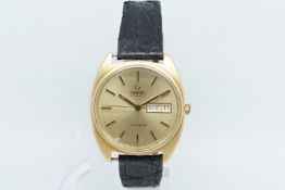 Gentlemen's Omega 18ct Gold Day Date Wristwatch, circular champagne dial with two tone baton hour