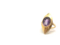 Amethyst marquise panel ring, central 14x10 oval cut amethyst rub over set, mounted on a 30x15mm