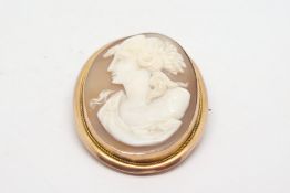 Victorian cameo brooch, in a yellow metal mount, with rubbed stamp, tested as 9ct, measures