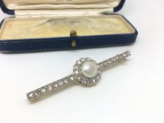 Antique French natural pearl and diamond brooch, central 9.6mm natural saltwater button pearl, set