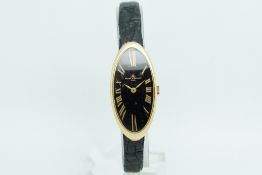 Ladies Baume & Mercier Gold Wristwatch, stretched oval black dial with gilt roman numerals and